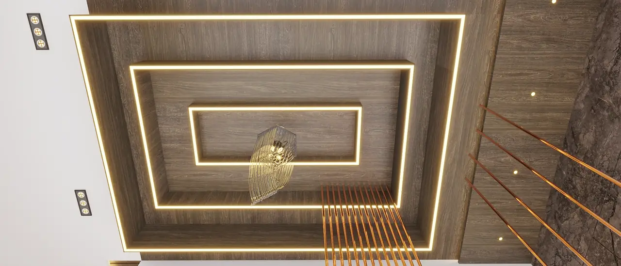 A recessed timber ceiling traced with linear light above an open stair.