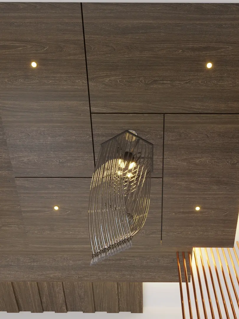 A sculpted timber ceiling above a staircase, lit by a single pendant.