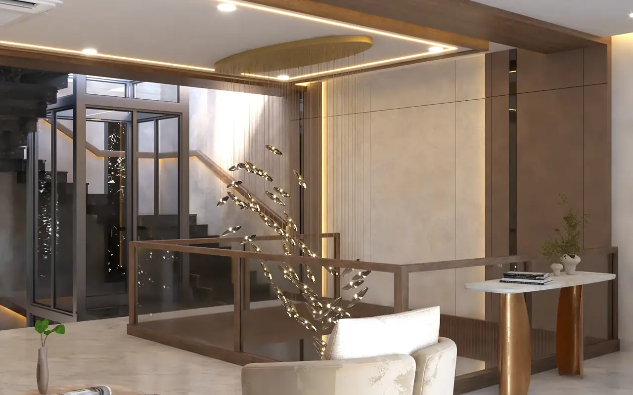 A double-height foyer in warm marble with a sculptural stair and glass lift.