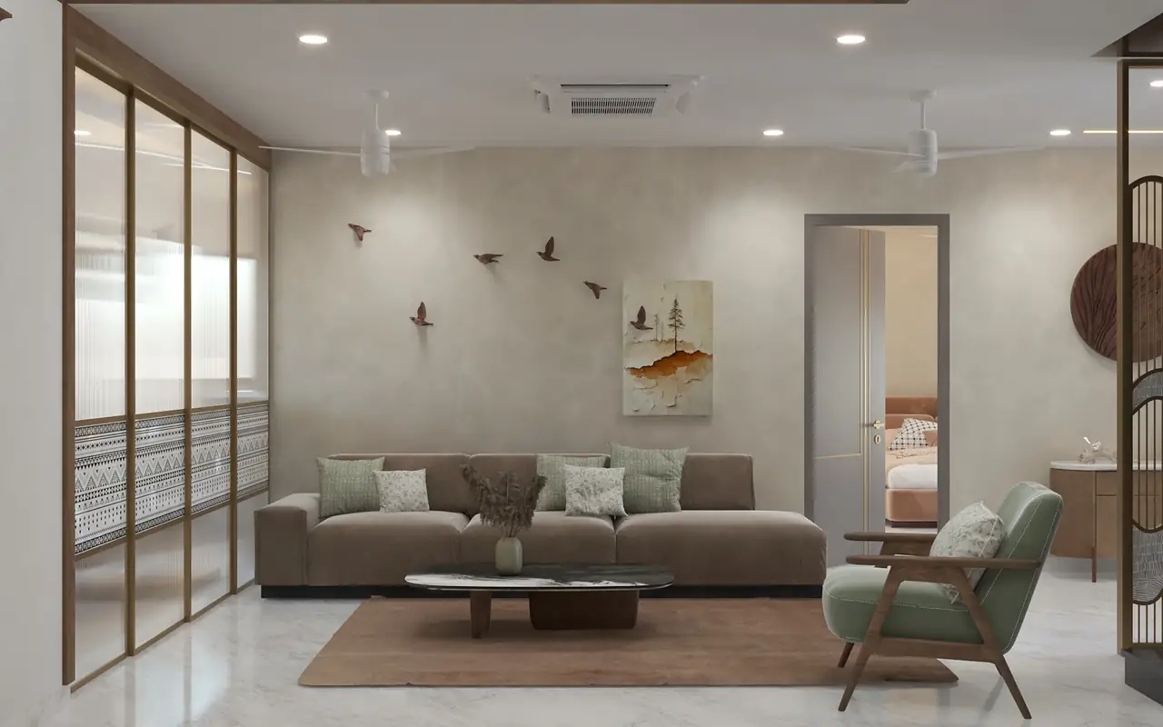 A calm living room framed by full-height sliding screens.