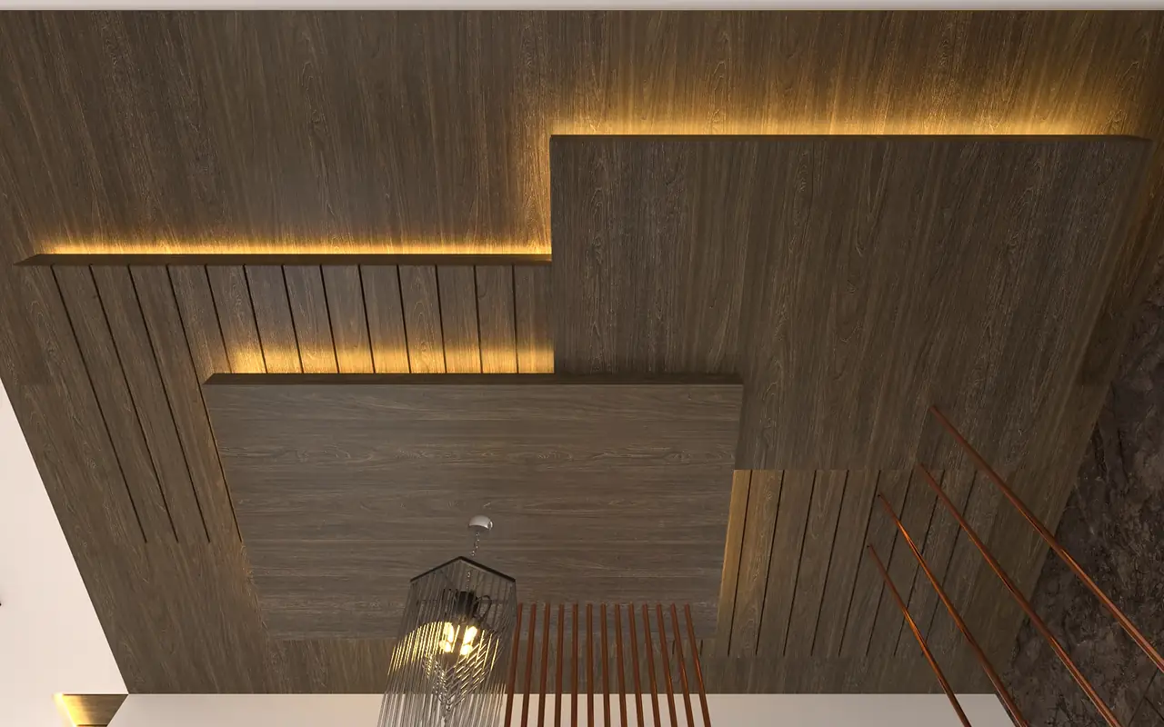 A recessed timber ceiling with concealed cove light above the stair.