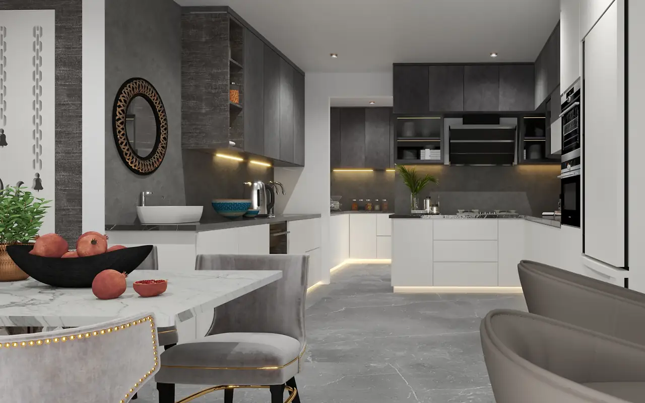 An open kitchen in pale stone with a veined marble island.