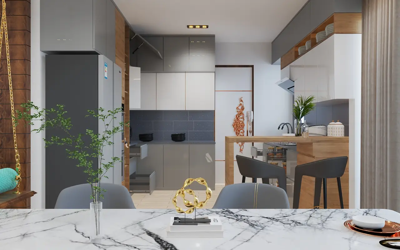A marble breakfast island opening onto the dining room.