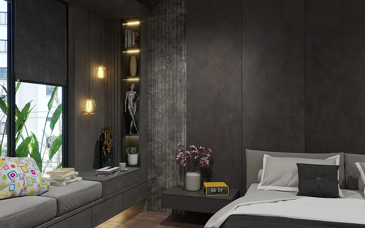 A dark panelled bedroom lit by recessed niches and low lamplight.