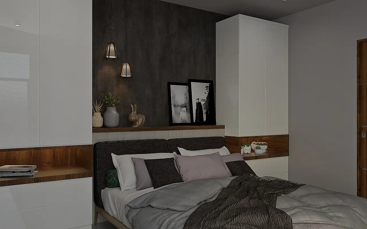 A timber headboard wall in deep grain, with a linen bed.