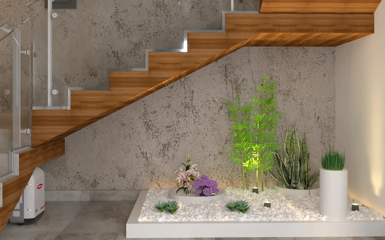 A timber flight floating above a lit pebble garden.