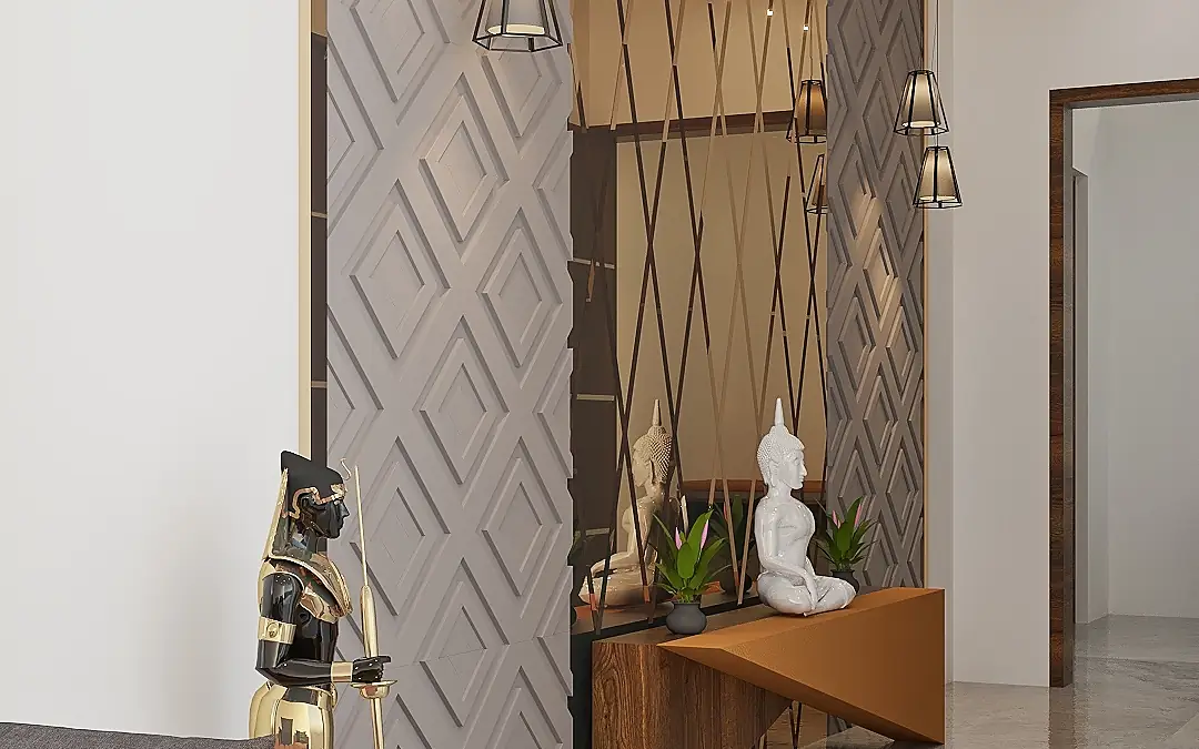 A textured feature wall with a floating timber bench.
